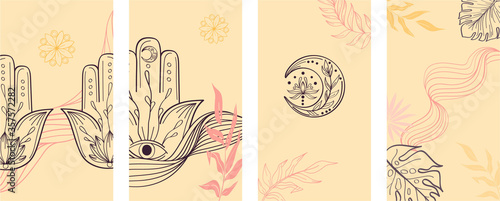 Modern Social Media Stories Layout Set. Abstract hand drawn set of linear template in yoga style for womenly profile, social media, mobile app. Abstract trendy yoga stories hamsa, om, moon