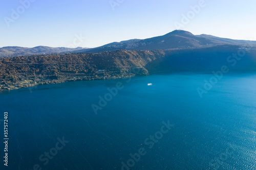 aerial view of albano lake with view on monte cable