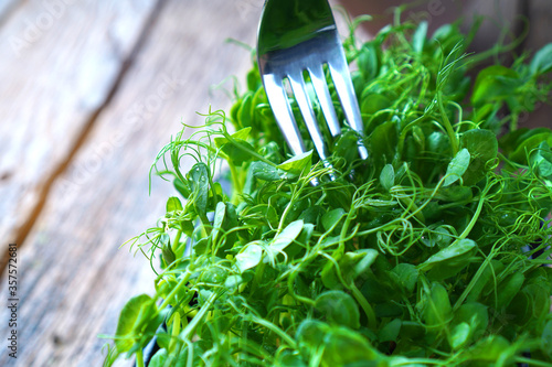 Microgreens sprouts and a fork. Heallthy fiber-rich eating.