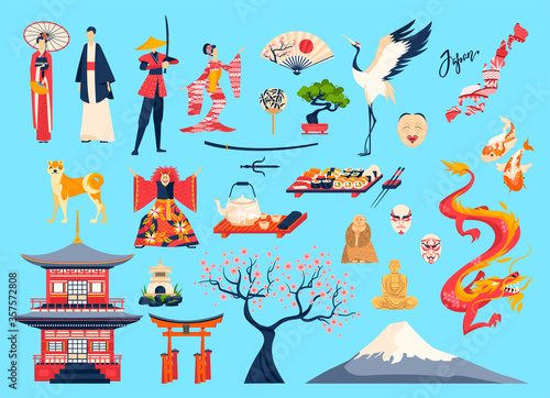 Japan and Japanese people vector illustration set. Cartoon flat character in traditional costume or kimono, cherry sakura tree, temple architecture. Japanese landmark, culture tourism isolated element