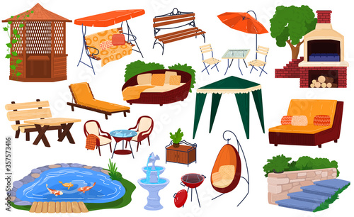 Garden furniture vector illustration set. Cartoon flat collection of backyard picnic furnishing gardening elements for barbecue pavilion, wooden bench and table, chair with umbrella isolated on white © Seahorsevector