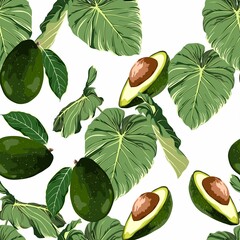 Acrylglasbilder Avocadomuster Avocado Muster mit Tropischen Blättern  © Виктор Фесюк