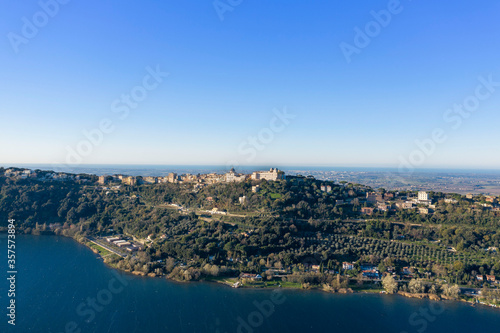 aerial view of the town of Castel Gandolfo on the Roman castles with the Albano lake
