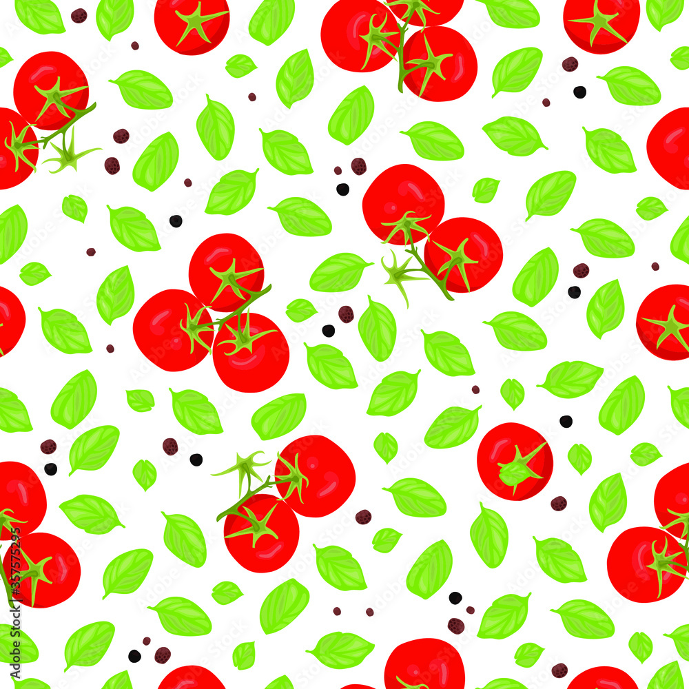 Seamless pattern: red tomatoes on branches, green Basil leaves and spices on a white background. Vector hand drawing. Seamless pattern: red tomatoes on branches, green Basil leaves and spices on a white background. Vector hand drawing.