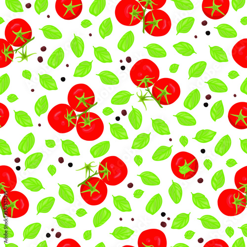 Fototapeta Naklejka Na Ścianę i Meble -  Seamless pattern: red tomatoes on branches, green Basil leaves and spices on a white background. Vector hand drawing.