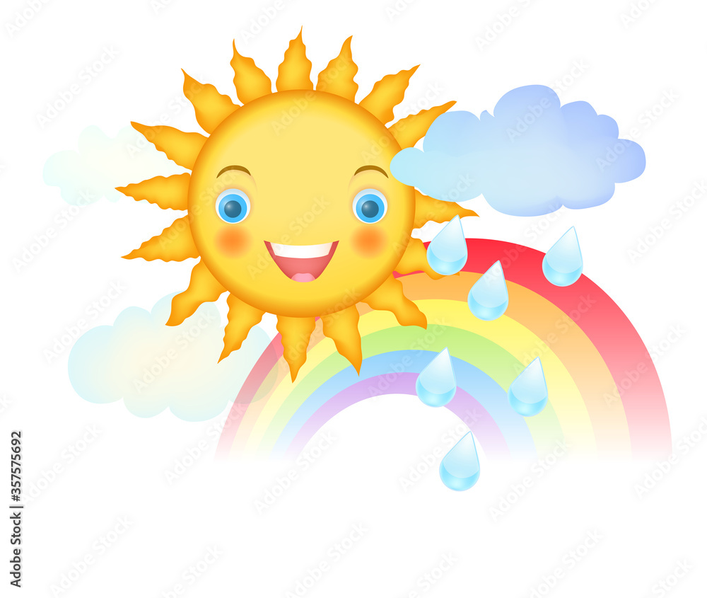 smiling cartoon sun character with rainbow, rain drops and clouds on white. vector illustration smiling cartoon sun character with rainbow, rain drops and clouds on white. vector illustration