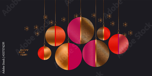 Xmas baubles composition in red and pink color