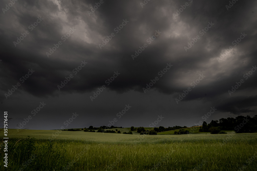 Thunderstorm dark clouds black over green corn field Thunderstorm dark clouds black over green corn field