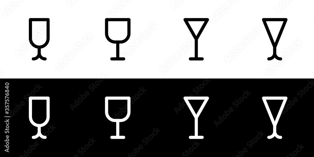 Wine and cocktail glass icon set. Flat design icon collection isolated on black and white background.