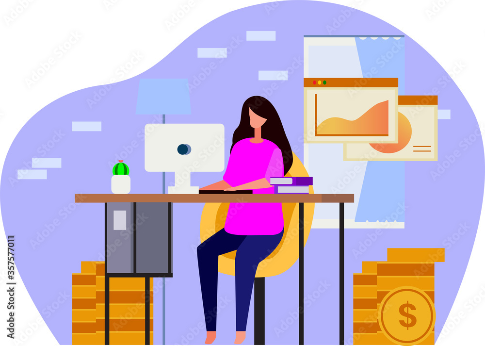 woman works using computer to analyze flat illustration woman works using computer to analyze flat illustration