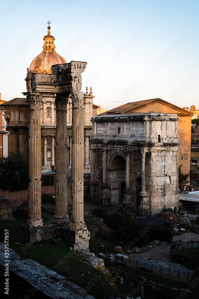 The arch of the Roman Forum, ruins of the ancient civilization in Rome