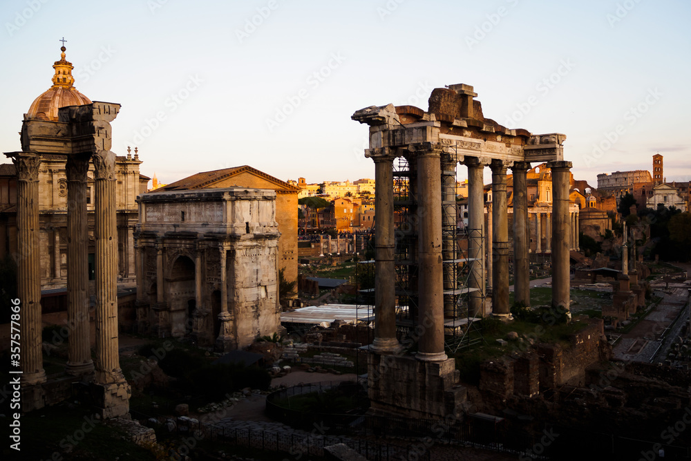 Sunset on the Roman Forum, ruins of the ancient civilization in Rome