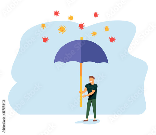 COVID-19 Coronavirus outbreak financial crisis help policy, company and business to survive concept, businessman leader stand safe by cover himself with big umbrella from COVID-19 Coronavirus pathogen