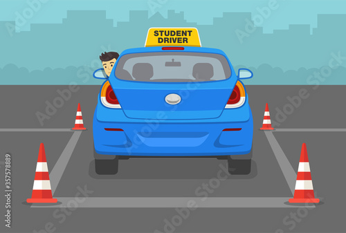 How to reverse park. Back into a parking lot. Driving lesson. Flat vector illustration.