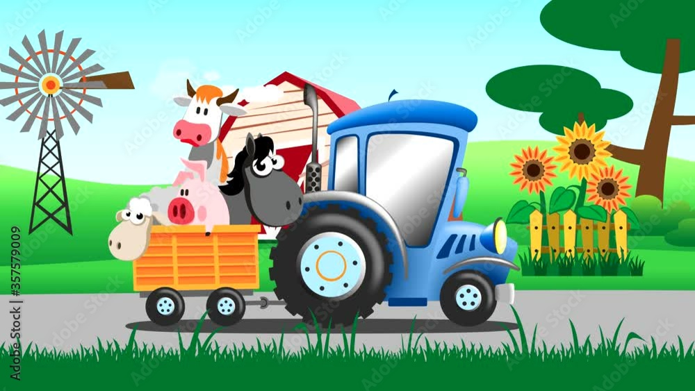 Cartoon tractor carries animals on a rural road. Looped animation ...