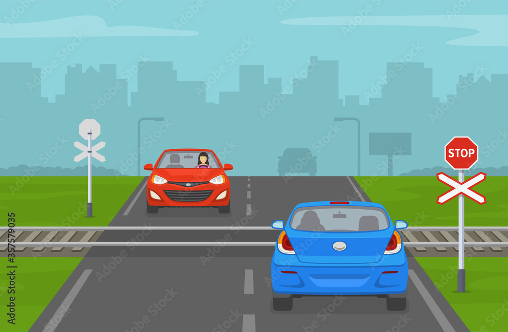 Cars stopped at a railway crossing without barriers. Driving a car. Flat vector illustration. Cars stopped at a railway crossing without barriers. Driving a car. Flat vector illustration.