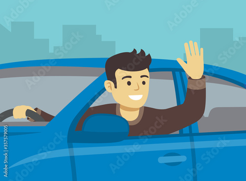 Young driver leaning out of the car window. Man sitting in a car on driver's place and raising his hand. Flat vector illustration.