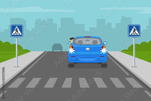 Driving a car. Do not reverse on a crosswalk. Car moving back. Flat vector illustration.