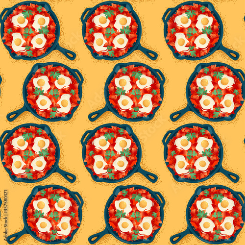 Shakshuka, dish made of poached eggs in a  tomato sauce, served in a cast iron pan with bread. Seamless background pattern.