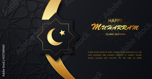 Happy muharram islamic new hijri year background.Gold moon and luxury islamic elements background. Islam, muslim religion banner