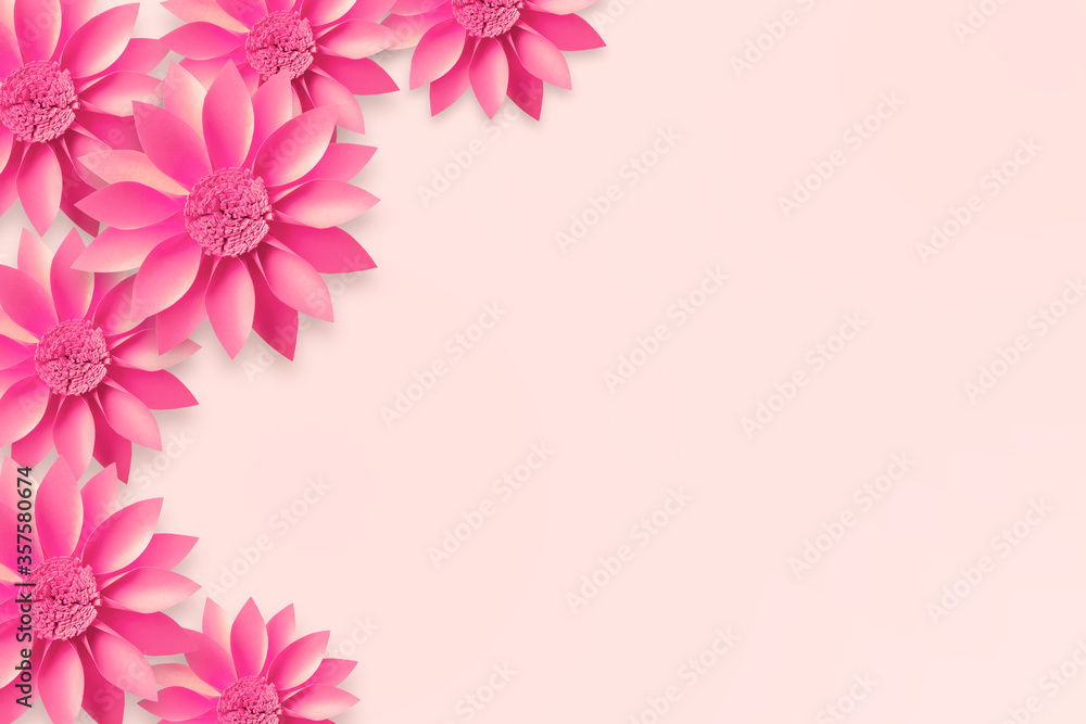 Decorative background from pink paper flowers for greeting cards, wedding invitation. Empty space Decorative background from pink paper flowers for greeting cards, wedding invitation. Empty space