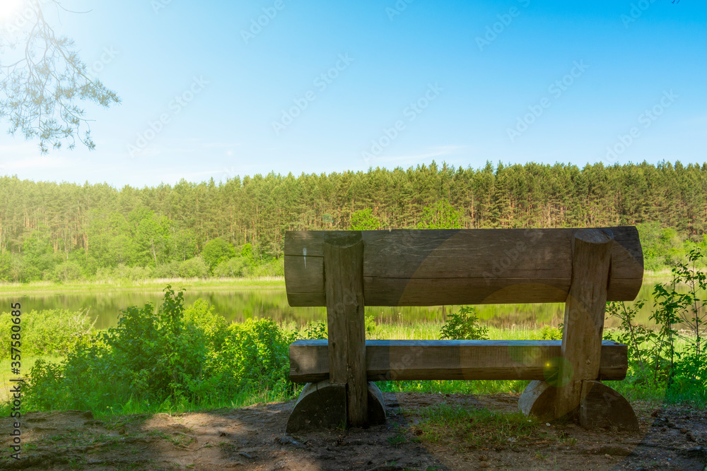 Wooden bench overlooking the forest and sky. Forest wooden bench landscape. Wooden bench overlooking the forest and sky. Forest wooden bench landscape.