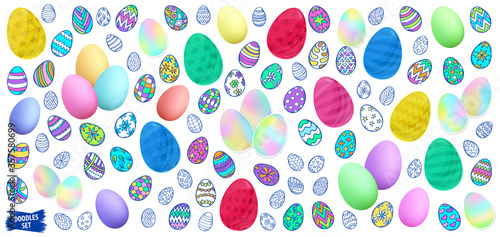 Fototapeta Naklejka Na Ścianę i Meble -  Easter eggs doodle set. Spring holiday symbols. Egg ornaments sketch. Cartoon. Easter bundle for posters, banners and greeting cards.