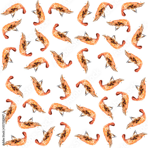 Seamless pattern of grilled shrimps on white background