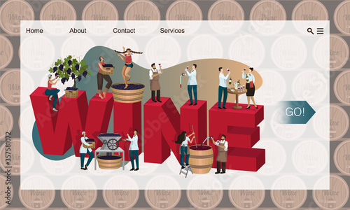 Concept of winery website, landing page. Banner with tiny people making and tasting wine. Vino at different stages of production