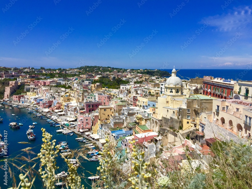 Town of Corricella on the island Procida off the coast of Naples in southern Italy