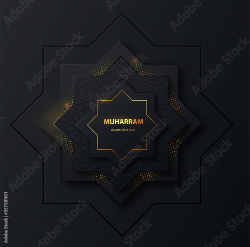 Muharram islamic new holiday dark banner with gold. Islamic holiday design. Islam, muslim religion banner