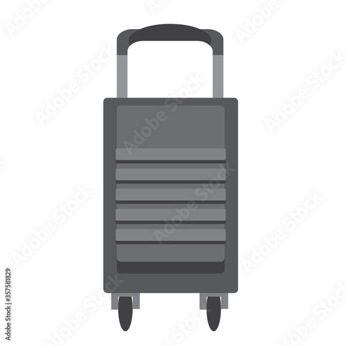 Single suitcase for travel. Strict black Luggage bag for business men. Plastic suitcase with a ribbed surface. Vector illustration in flat style.