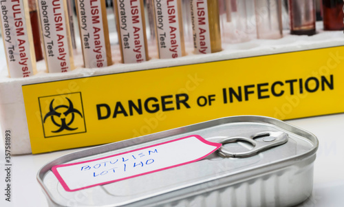 Wallpaper Mural Canned food can contaminated by Clostridium botulinum toxin that causes botulism in humans, laboratory research, conceptual image Torontodigital.ca