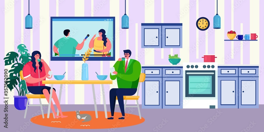 Couple have breakfast at home together, vector illustration. Man woman people character at table eat food. Happy romantic flat dinner in house, morning meal with cartoon love person. Couple have breakfast at home together, vector illustration. Man woman people character at table eat food. Happy romantic flat dinner in house, morning meal with cartoon love person.