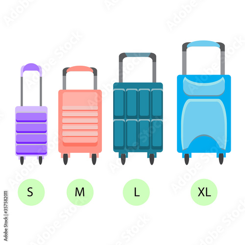 Сlassification of suitcases for travel. Four sizes of Luggage bags. From small to large. Summer family trip. Vector illustration in flat style. Nice color scheme.