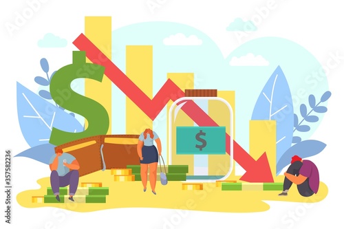 Economy crisis, business down chart, vector illustration. Money loss and recession, economic decrease arrow concept. Sad cartoon people character with financial problem, flat bankruptcy.