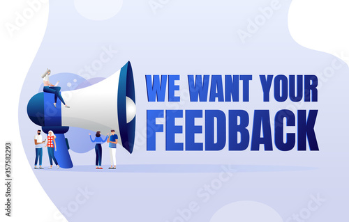 We want your feedback. Customer feedback survey opinion service, megaphone and people around promotion banner