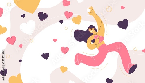 Flat happy girl scatters likes or hearts around. Concept scene drawn with hypertrophied female character