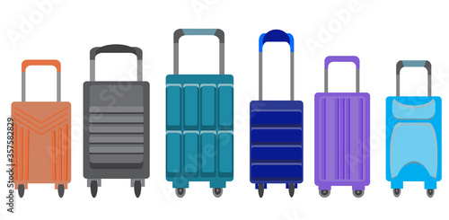 Vector set of multi-colored suitcases for travel. A collection of six different designs of Luggage for vacation. Illustration in flat style.