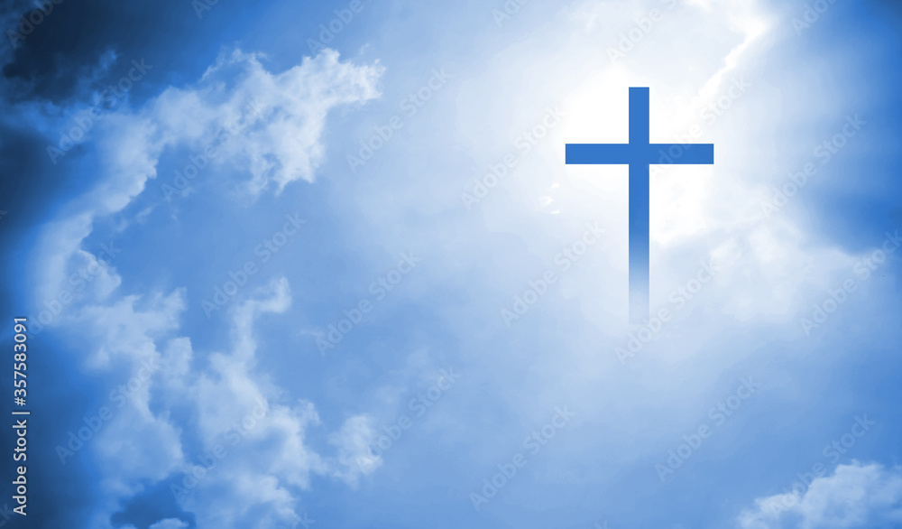 Christian cross appeared bright in the sky with soft fluffy clouds