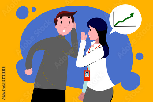 The insider woman is telling the secret information to the  man. The woman is telling the bussiness trend of her company to investor.
