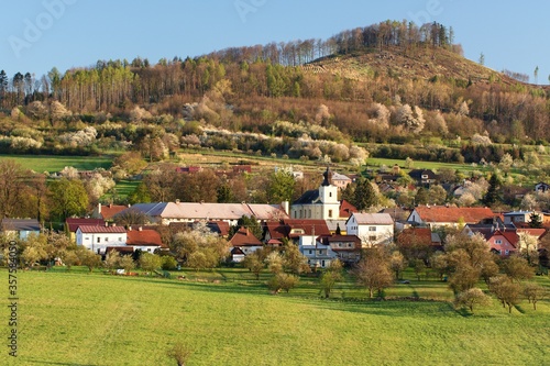 View of Loucka village center with flowering trees. Near Kunovice village. East Moravia. Czechia. Europe. photo