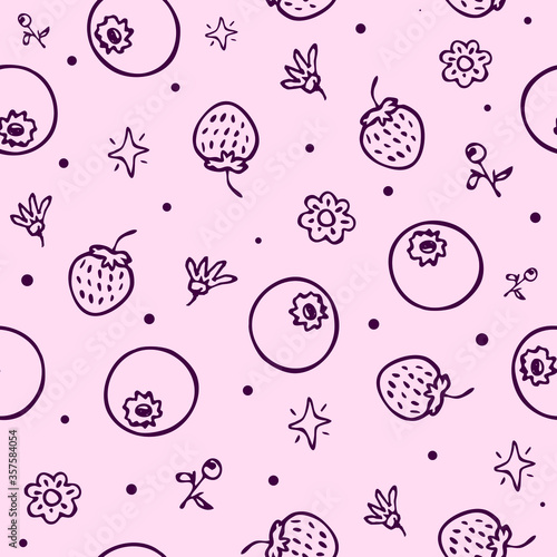 Seamless vector background wallpaper cute drawn blueberry strawberry flower plant berry pattern for fabric or textile print wrapping paper
