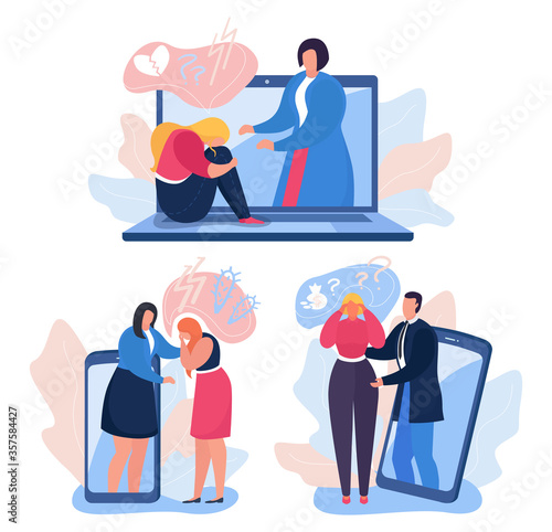 Online psychology help, vector illustration. Psychotherapy for patient health, psychologist support woman in depression. Mental treatment and counseling, psychological session concept.