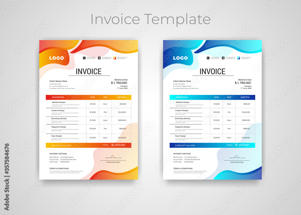 Abstract modern colorful business invoice template. Quotation Invoice Layout Template Paper Sheet Include Accounting, Price, Tax, and Quantity. With color variation Vector illustration of Finance Docu