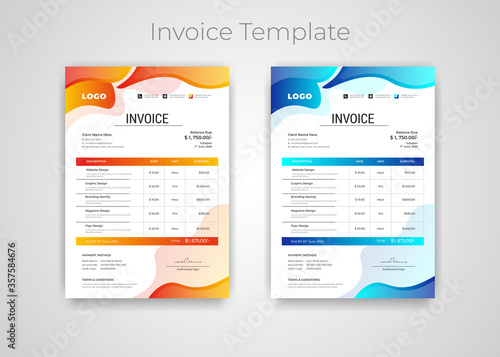 Abstract modern colorful business invoice template. Quotation Invoice Layout Template Paper Sheet Include Accounting, Price, Tax, and Quantity. With color variation Vector illustration of Finance Docu photo
