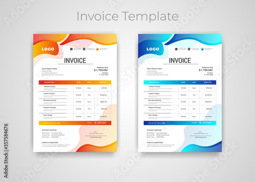 Abstract modern colorful business invoice template. Quotation Invoice Layout Template Paper Sheet Include Accounting, Price, Tax, and Quantity. With color variation Vector illustration of Finance Docu