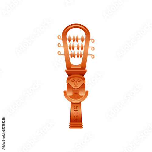 Egyptian sistrum music. Old music instrument with god face decoration from ancient Egypt art craft. Cartoon 3d realistic historical icon. Vector illustration, sistrum isolated on white background