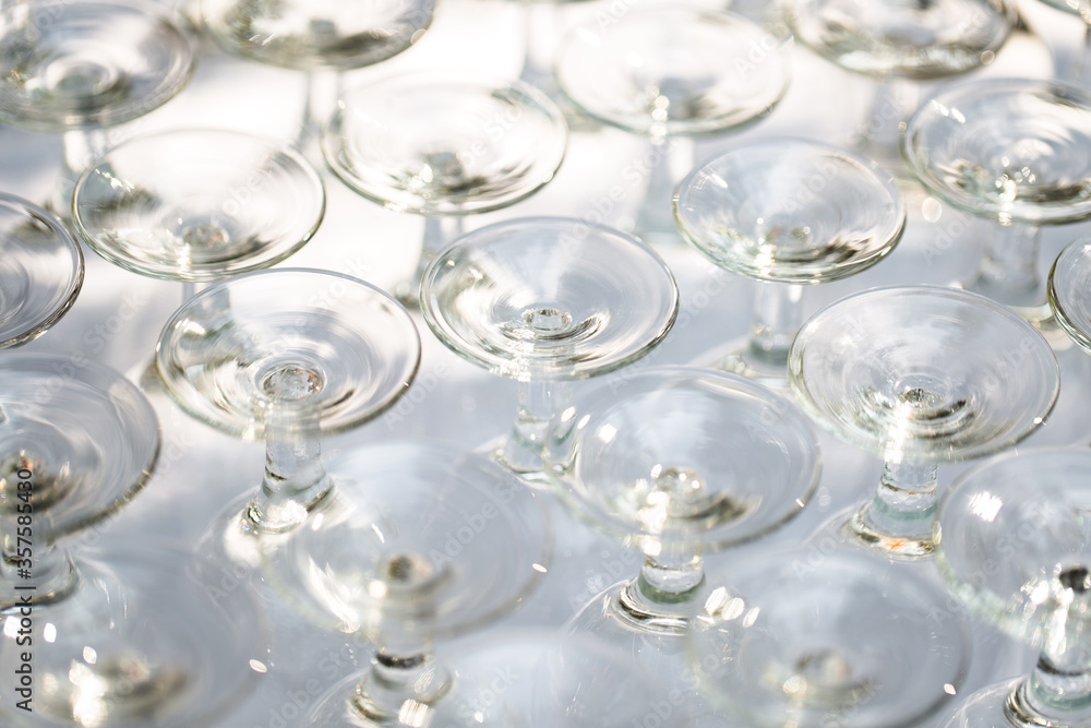 Set of blank empty wine glasses displayed in rows. Preparation for the holiday Set of blank empty wine glasses displayed in rows. Preparation for the holiday