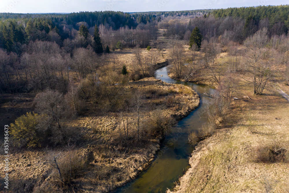 Aerial view of spring landscape river